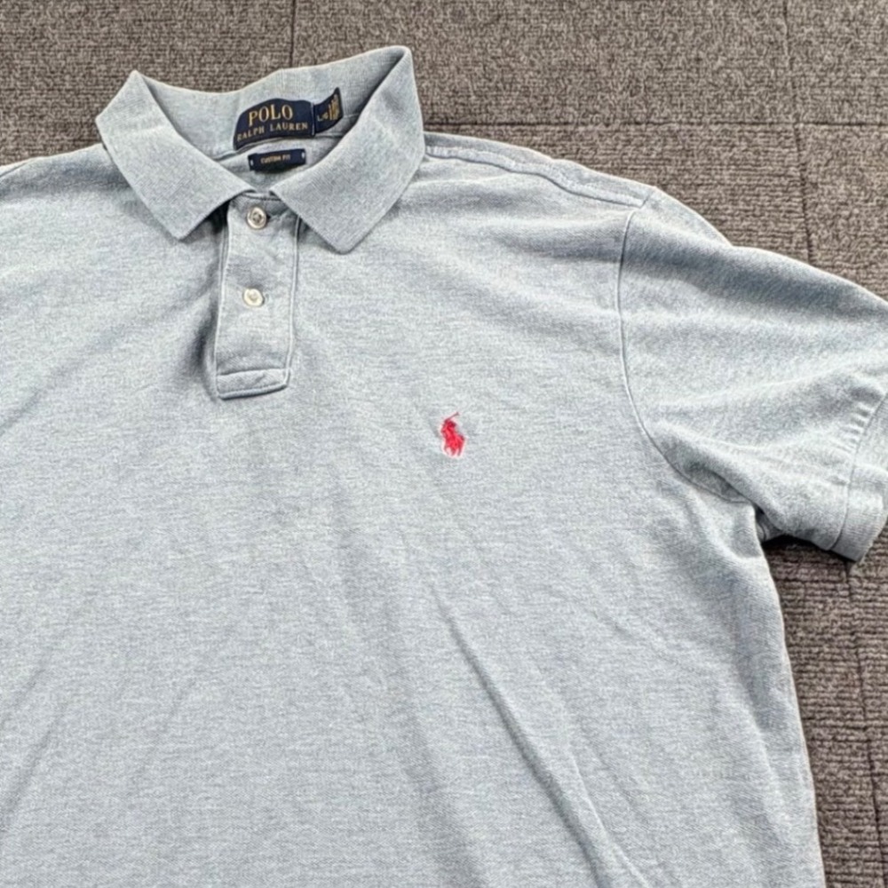 Polo Ralph Lauren Mens Custom Fit Polo Shirt Light Blue Heather Red Pony Large